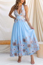Sunflower Print V-neck Fitted Waist Elegant Maxi Dress