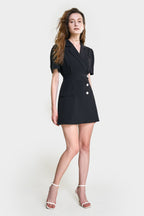 Black Button Detail Short Sleeve Blazer Dress