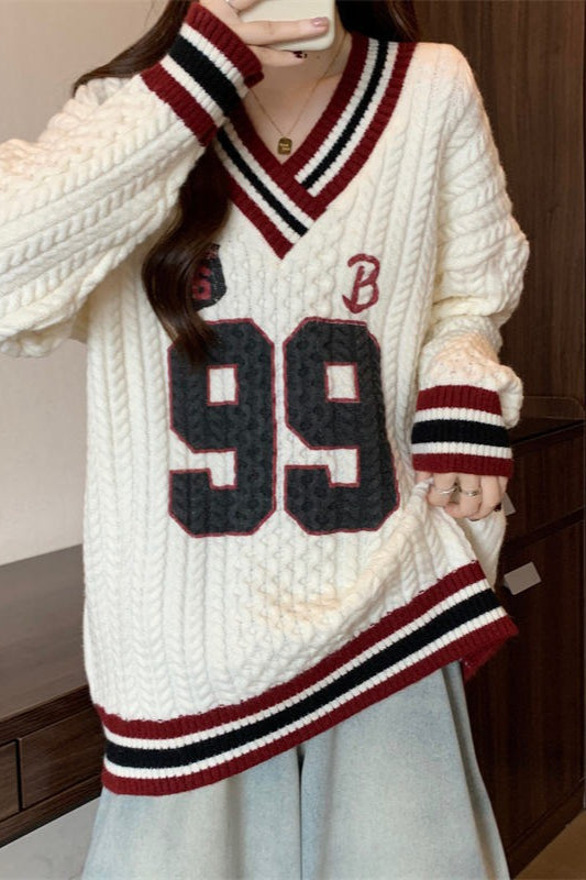 Contrast VNeck Plus Size Sweater