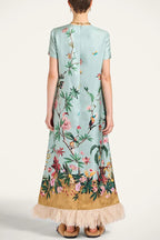 Mezcal Satin Floral Print Contrast Color Printed Short Sleeve Pocket Feather Trim Maxi Dress