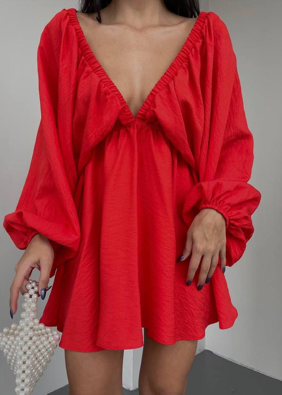 Elegant V-Neck Mini Dress - Chic Lantern Sleeve Party Gown