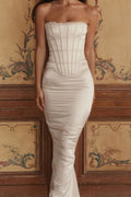 Elegant White Strapless Tie Satin Slim Bodycon Formal Dress