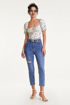 Ivory Floral Print Square Neck Cropped Blouse