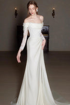 Off Shoulder Lace Satin Train Wedding Dress