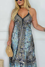 Bohemian Style Unique Print V-neck Suspender Holiday Maxi Dress