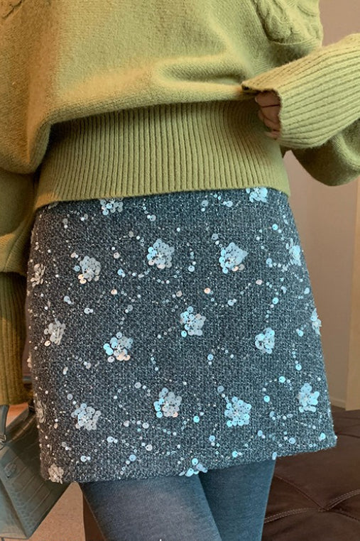 Embroidered Sequin High Waist ALine Skirt