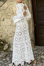 Island Break Crochet Flower Pattern Long Sleeve Backless Vacation Maxi Dress