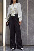 Beige Puffle Front Flounce-Trimmed Long Sleeve Blouse