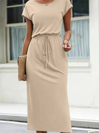 Hazel Luxe Casual Short Sleeved Round Neck Dress with Self Tie Belt Boutique Collection