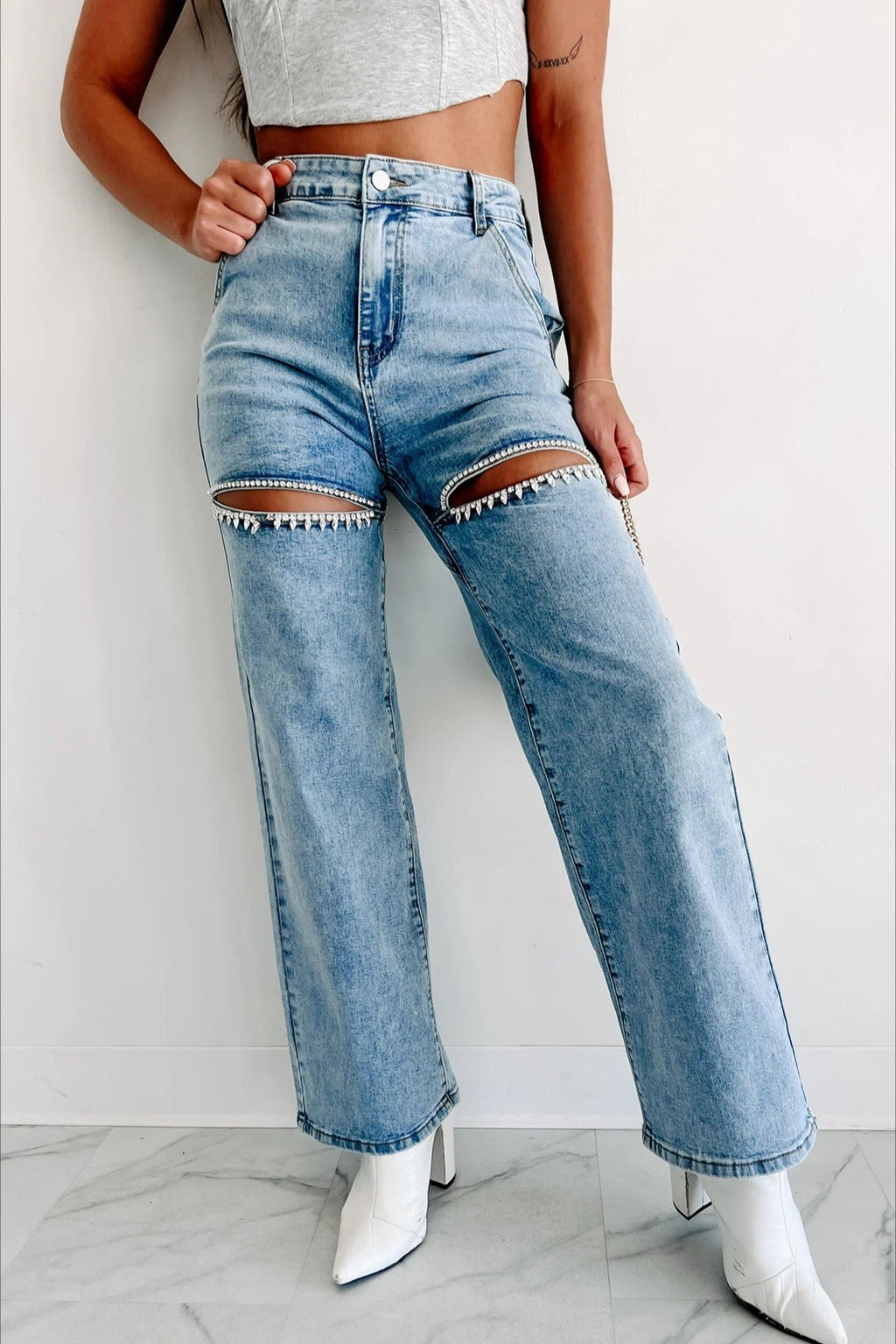 High-Waisted Washed Ripped Chain Straight Leg Jeans