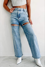 High-Waisted Washed Ripped Chain Straight Leg Jeans