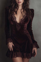Fashionable Velvet and Lace Patchwork Long-sleeved V-neck Slim-fit Mini Dress