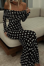 Hazel Statement Chic Off the Shoulder Ruched Stretch Maxi Dress with Polka Dot Print Boutique Collection