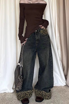 Patchwork Vintage Leopard Cuffed Wide Leg Jeans