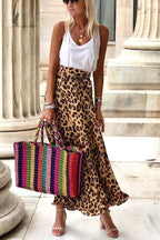 Today__ Journey Satin Leopard Tie Front Elastic Waist Midi Skirt