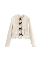 Crewneck Frayed Hem Pocketed Bow Sweater