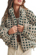 Checked Plush Drawstring Stand-Collar Jacket