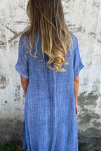 Bayside Bliss Linen Blend Short Sleeve Pleated Loose Midi Dress