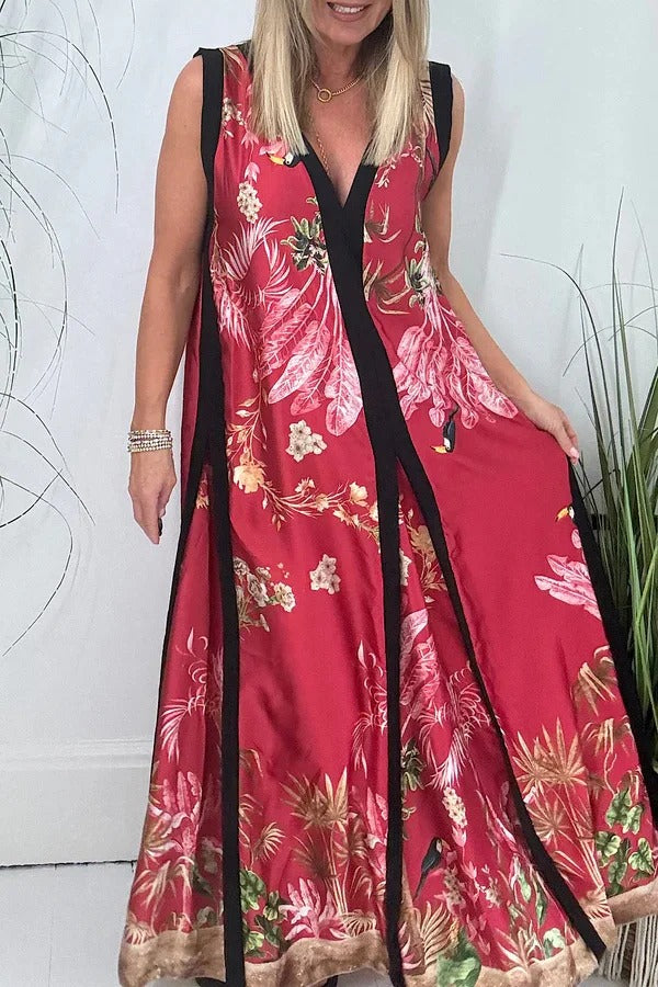 Vanna Unique Tropical Print Black Patchwork Detail A-line Maxi Dress