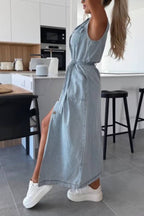 Sleeveless Denim Shirt Dress with Waist Tie