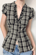 British Style Plaid Ruffled V Neck Puff Sleeve Tie Waist Blouse