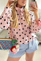 Polka Dot Print Loose Stand Collar Button Bow Tie Casual Long-sleeved Jacket