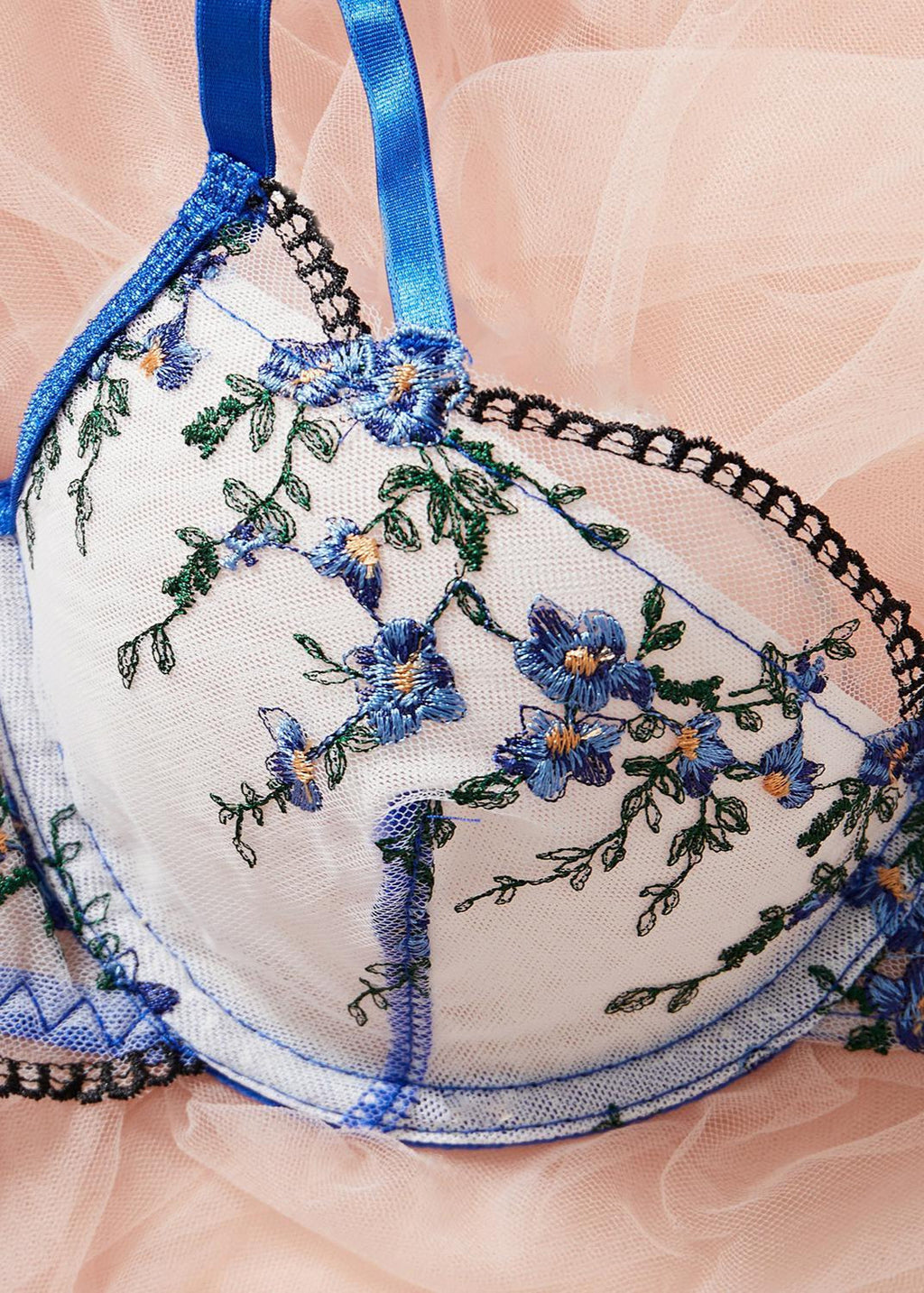 Flora Lace Embroidery Lingerie Set - Blue Bloom Sheer Bra & Thong