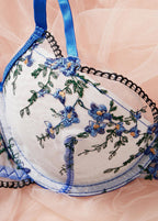 Flora Lace Embroidery Lingerie Set - Blue Bloom Sheer Bra & Thong