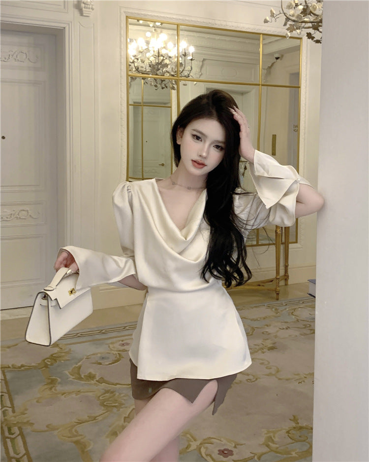 Beige Satin Cowl Neck Long Sleeve Blouse