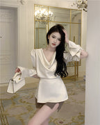 Beige Satin Cowl Neck Long Sleeve Blouse