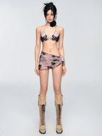 Mauve and Black Tie-Dye Bikini Set with Matching Sarong Skirt