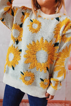 Sunflower Jacquard Crewneck Long Sleeve Knit Pullover Sweater
