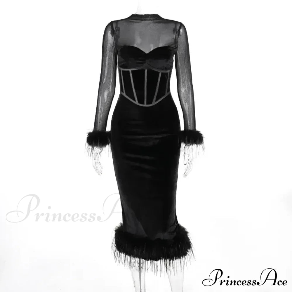 Feathered Retro Slim High Waisted Spliced Mesh Temperamental Female Midi Dress