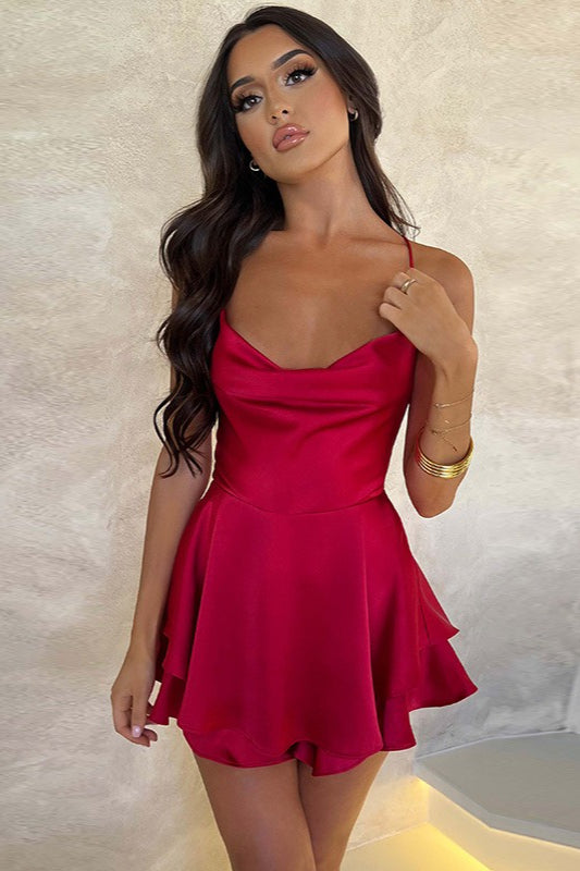 Vintage Cowl Neck Backless Tie Strap Mini Dress