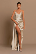 Satin Deep V Corset Slit Formal Dress
