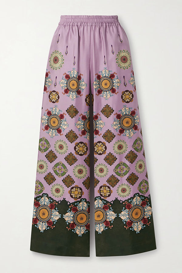Satin Unique Print Loose Batwing Sleeve Top and Elastic Waist Pocket Casual Wide-leg Pants Set