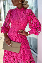Francisca Premium Romantic, Sensual and Party Midi Dress with Crochet Lace and Lantern Sleeves Chic Silhouette Collection