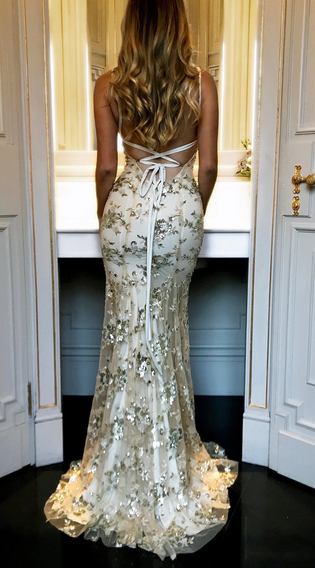 Sequin Backless V-Neck Strappy Tie Dress Party Dress