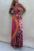 Boho Happiness Tie-dye Print Back Lace-up Stretch Maxi Dress  (With built-in bra)