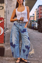 Fashionable Printed Casual Loose Mid-rise Pocket Leg Jeans