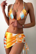 Colorful Wave Print Bikini Three Piece Swim Set