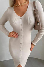 Elegant V Neck Knit Slit Midi Bodycon Dress