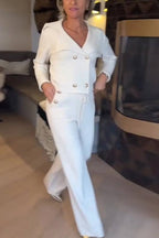 Pearl-button short suit with wide-leg pants