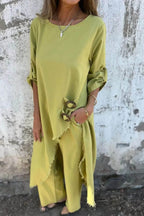 Casual Unique Irregular Button Decoration Robe Pocket Elastic Pants Set
