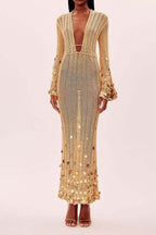 Sexy V Neck Belted Sequin Knit Long Boho Dress