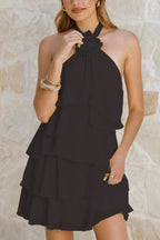Solid Color Chiffon Halter Neck Backless Layered Ruffle Mini Dress