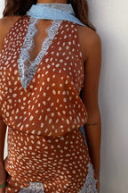 Stunning Fawn Print Contrast Color Satin Lace Trim Neck Strap Loose Tank