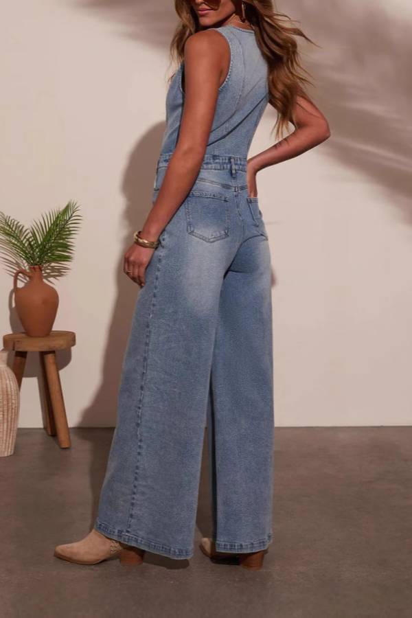 Washed Blue V-Neck Button Front Sleeveless Wide Leg Denim Jumpsuit