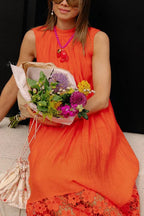 Breezy Comfort Tie-up Neck Sleeveless Floral Lace Hem Maxi Dress