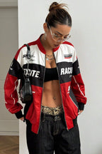 Letter Design Zip Color Block Biker Chic Long Sleeve Jacket